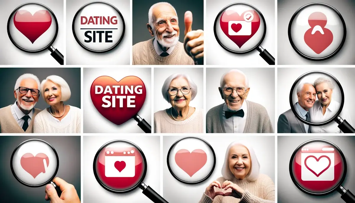 Collage van verschillende websitelogo's met datingsites voor senioren met een vergrootglas gericht op een specifieke, met nadruk op de keuze van de juiste datingsite